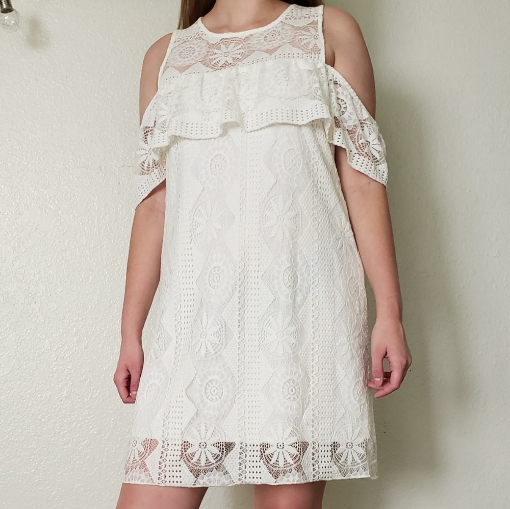 White Eyelet Lace Cold Shoulder Dress